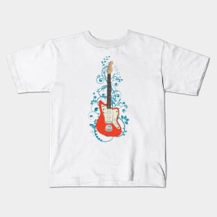 Red Offset Style Electric Guitar Flowering Vines Kids T-Shirt